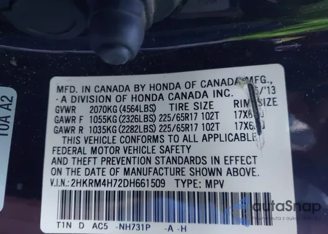 2013 Honda Cr-V Ex-L from USA, damaged, VIN 2HKRM4H72DH661509